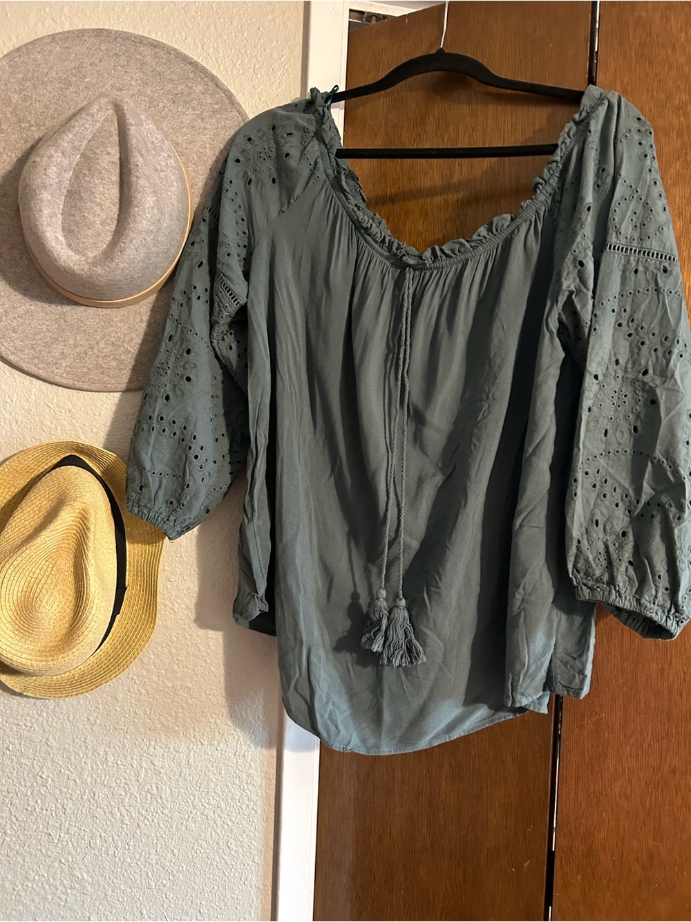 Maurices Slate Green Eyelet Peasant Blouse